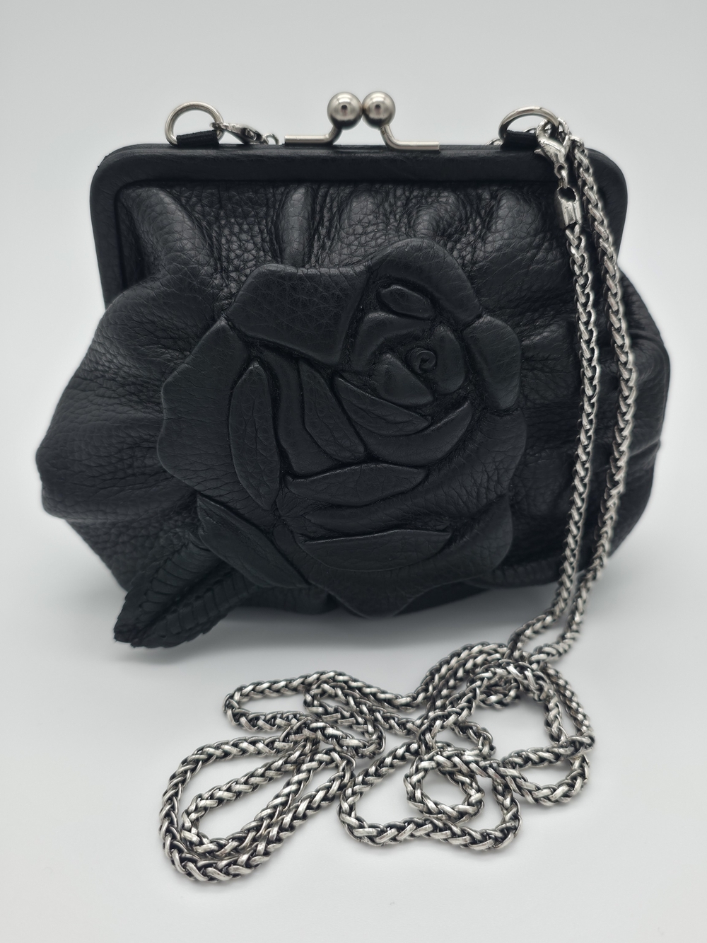 Brighton Black Leather Rose Wristlet with Silver Chain